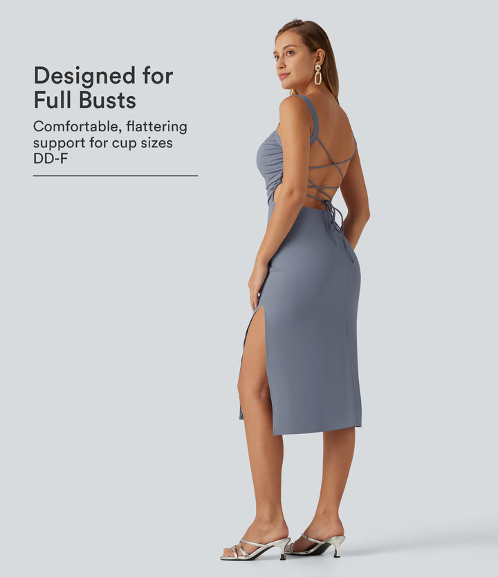 Ruched Lace Up Bodycon Midi Party Dress DD-F Cups — Snowflake Blue — view 1