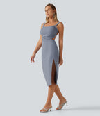 Ruched Lace Up Bodycon Midi Party Dress DD-F Cups — Snowflake Blue — view 3