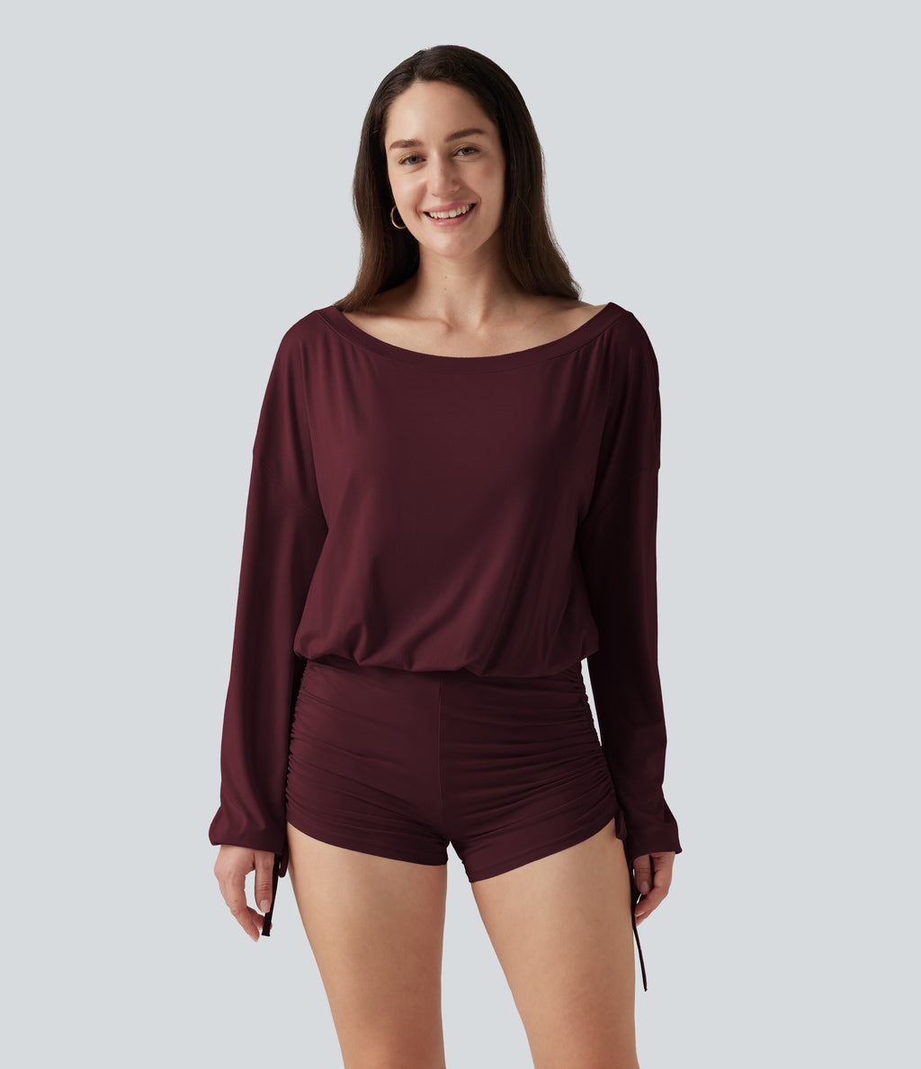 Long Sleeve Ruched Lace Up Lounge Playsuit -Edition — Cranberry Juice — view 4