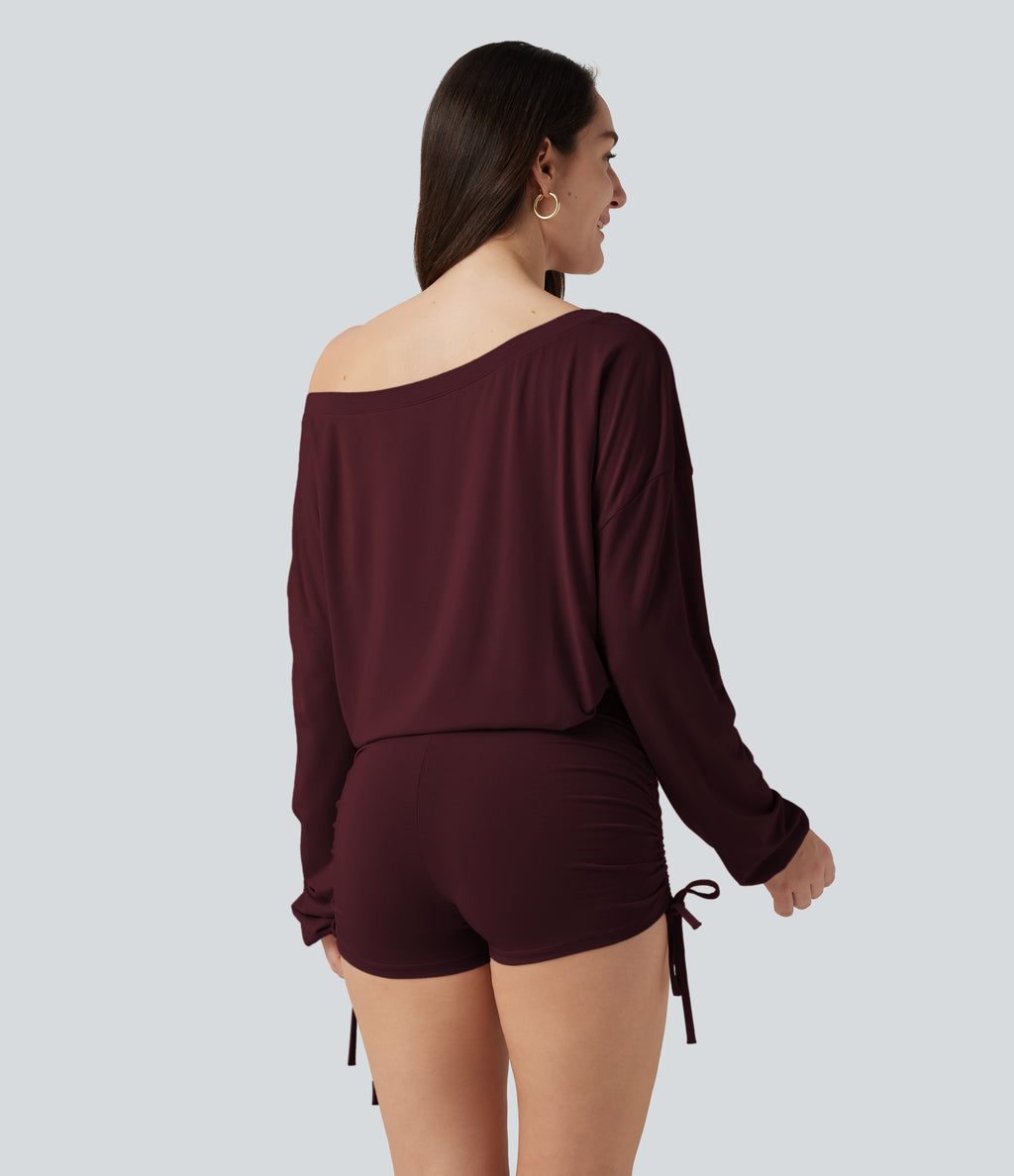 Long Sleeve Ruched Lace Up Lounge Playsuit -Edition — Cranberry Juice — view 2