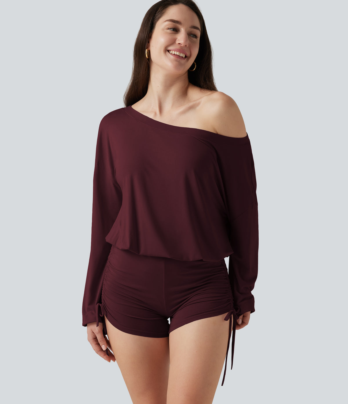 Long Sleeve Ruched Lace Up Lounge Playsuit -Edition — Cranberry Juice — view 5