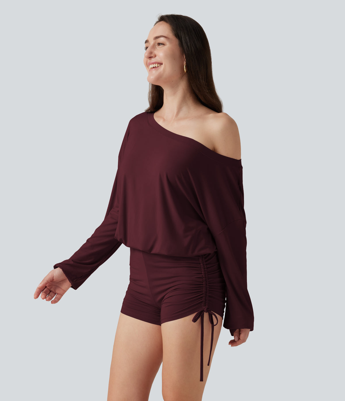 Long Sleeve Ruched Lace Up Lounge Playsuit -Edition — Cranberry Juice — view 3