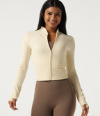 Stand Collar Long Sleeve Zipper Yoga Jacket with Thumbholes and Pockets — White Asparagus — view 4