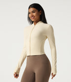 Stand Collar Long Sleeve Zipper Yoga Jacket with Thumbholes and Pockets — White Asparagus — view 3