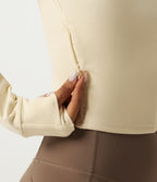 Stand Collar Long Sleeve Zipper Yoga Jacket with Thumbholes and Pockets — White Asparagus — view 6