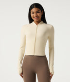 Stand Collar Long Sleeve Zipper Yoga Jacket with Thumbholes and Pockets — White Asparagus — view 1
