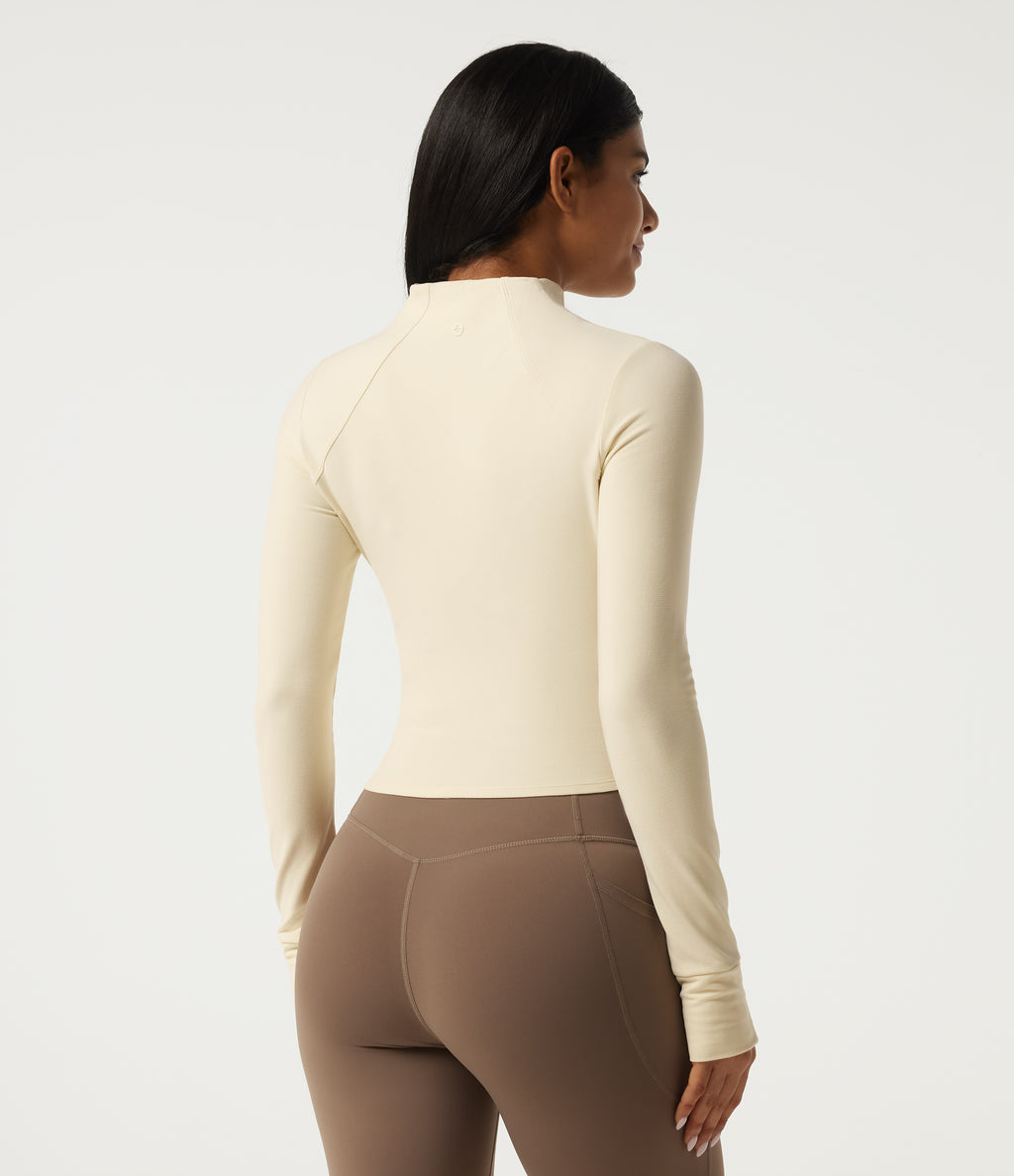 Stand Collar Long Sleeve Zipper Yoga Jacket with Thumbholes and Pockets — White Asparagus — view 2
