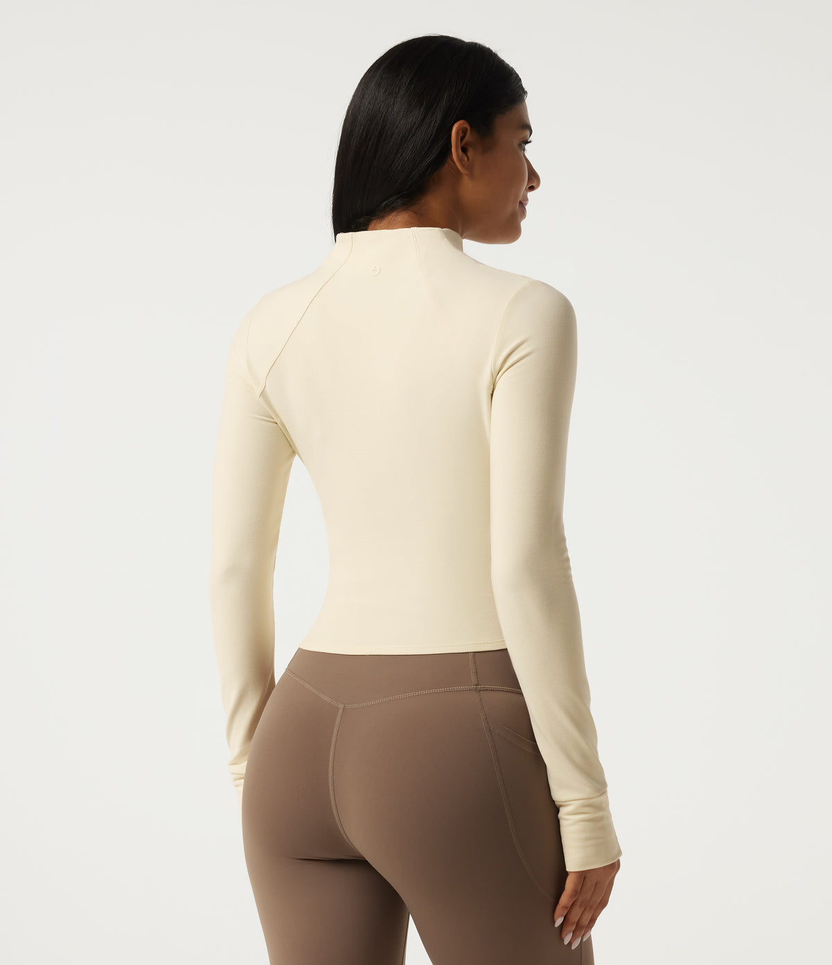 Stand Collar Long Sleeve Zipper Yoga Jacket with Thumbholes and Pockets — White Asparagus — view 2