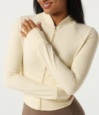 Stand Collar Long Sleeve Zipper Yoga Jacket with Thumbholes and Pockets — White Asparagus — view 5
