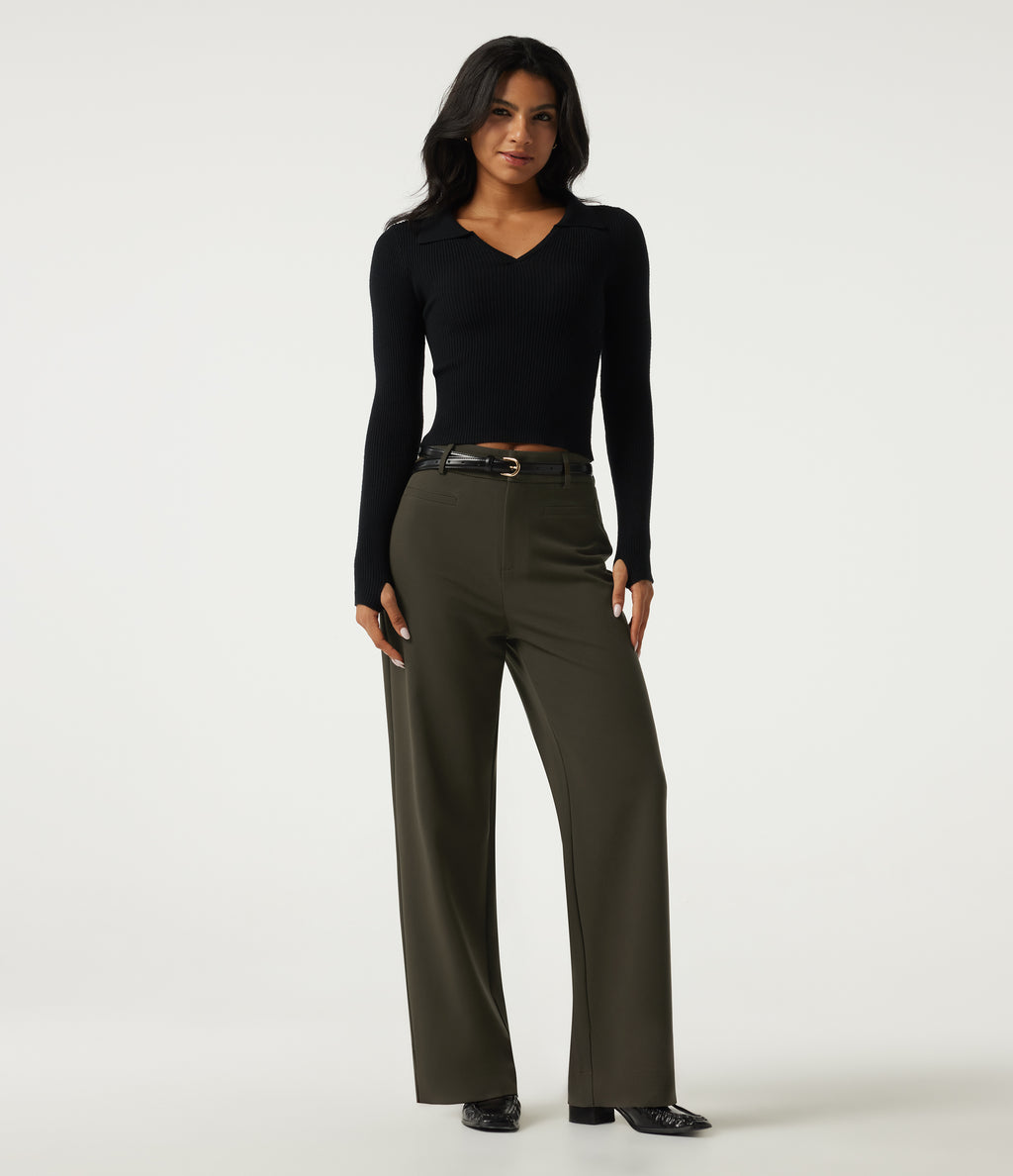 High Waisted Straight Leg Work Trousers with Pockets — Forest Night — view 6