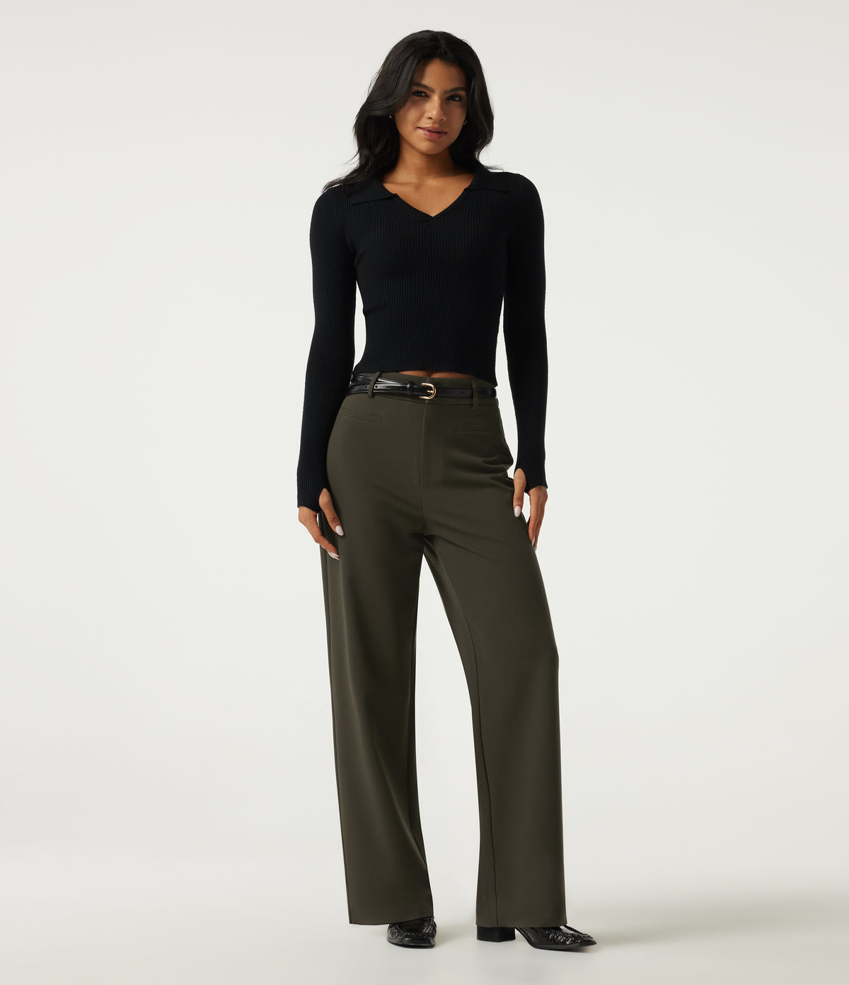 High Waisted Straight Leg Work Trousers with Pockets — Forest Night — view 6