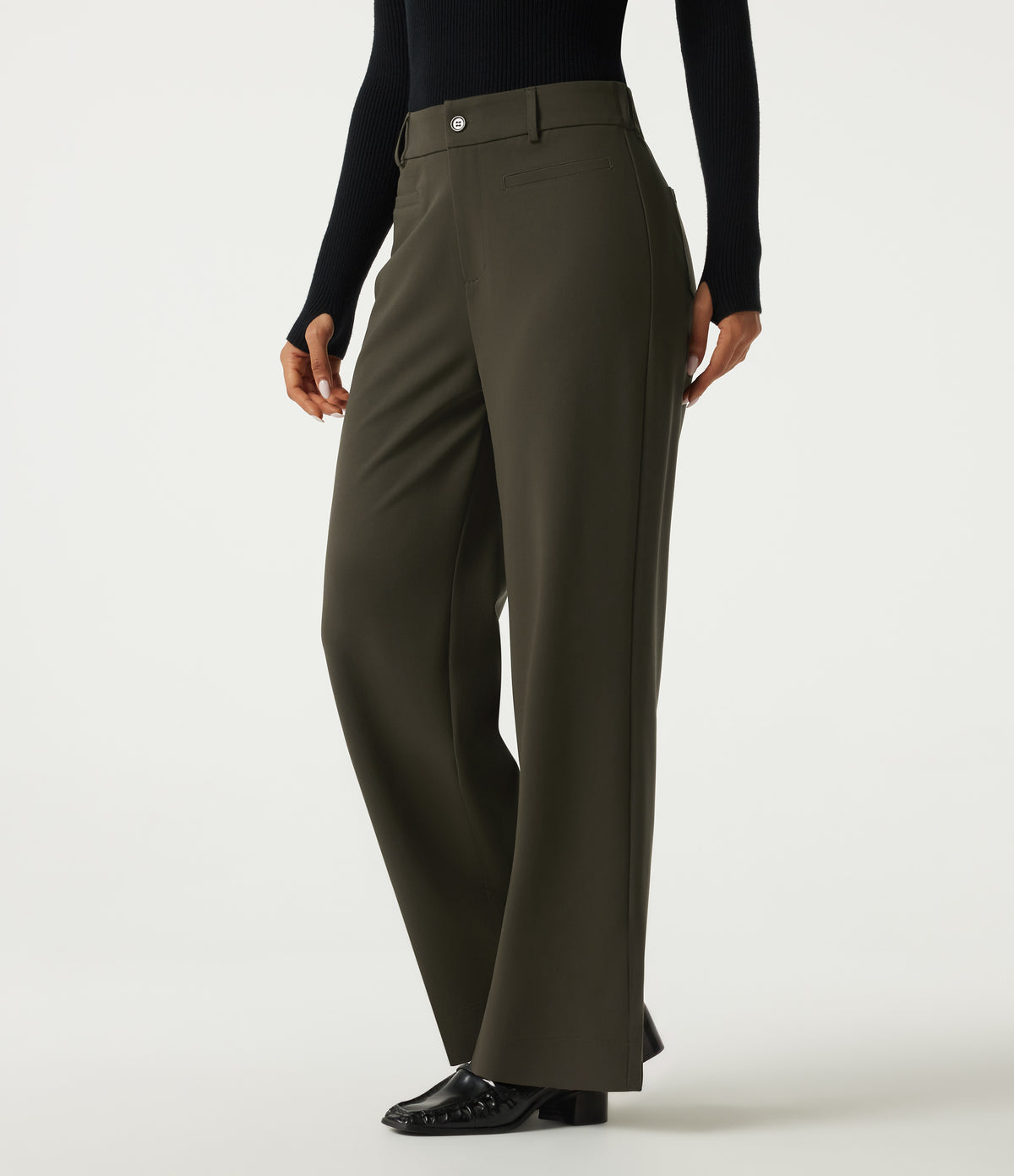 High Waisted Straight Leg Work Trousers with Pockets — Forest Night — view 3
