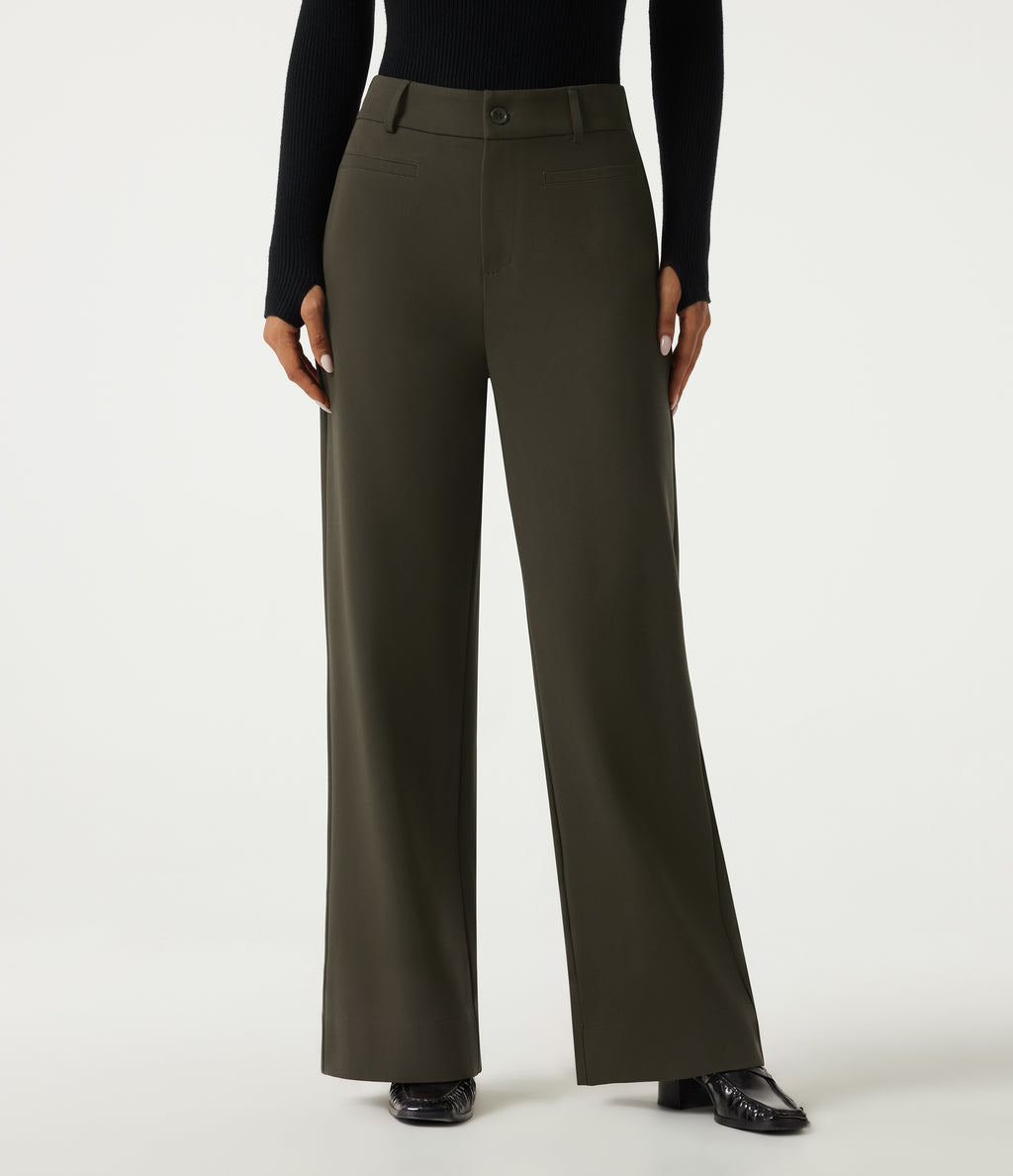 High Waisted Straight Leg Work Trousers with Pockets — Forest Night — view 1