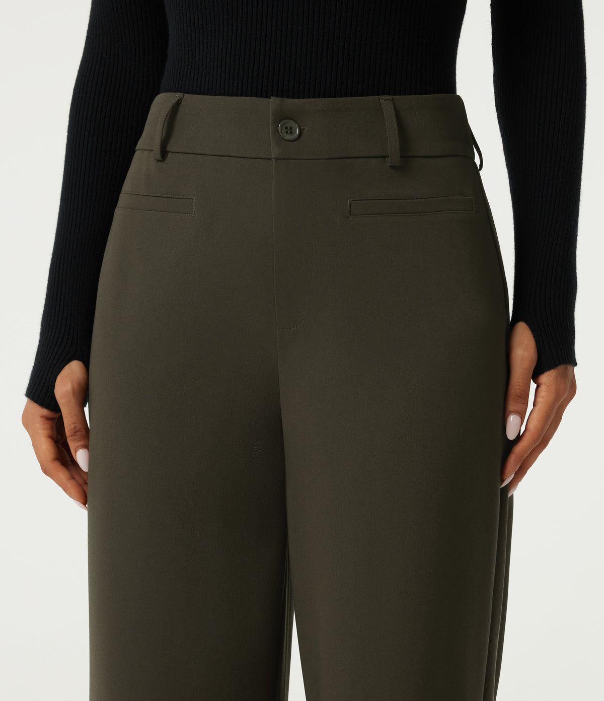 High Waisted Straight Leg Work Trousers with Pockets — Forest Night — view 4