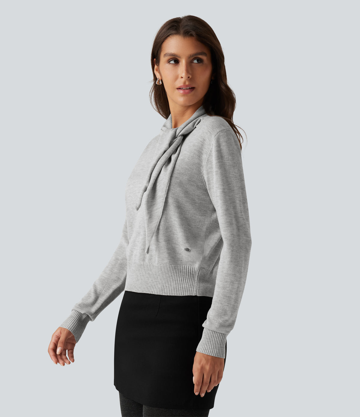 Scarf Tie Long Sleeve Casual Jumper — Fog Gray — view 3