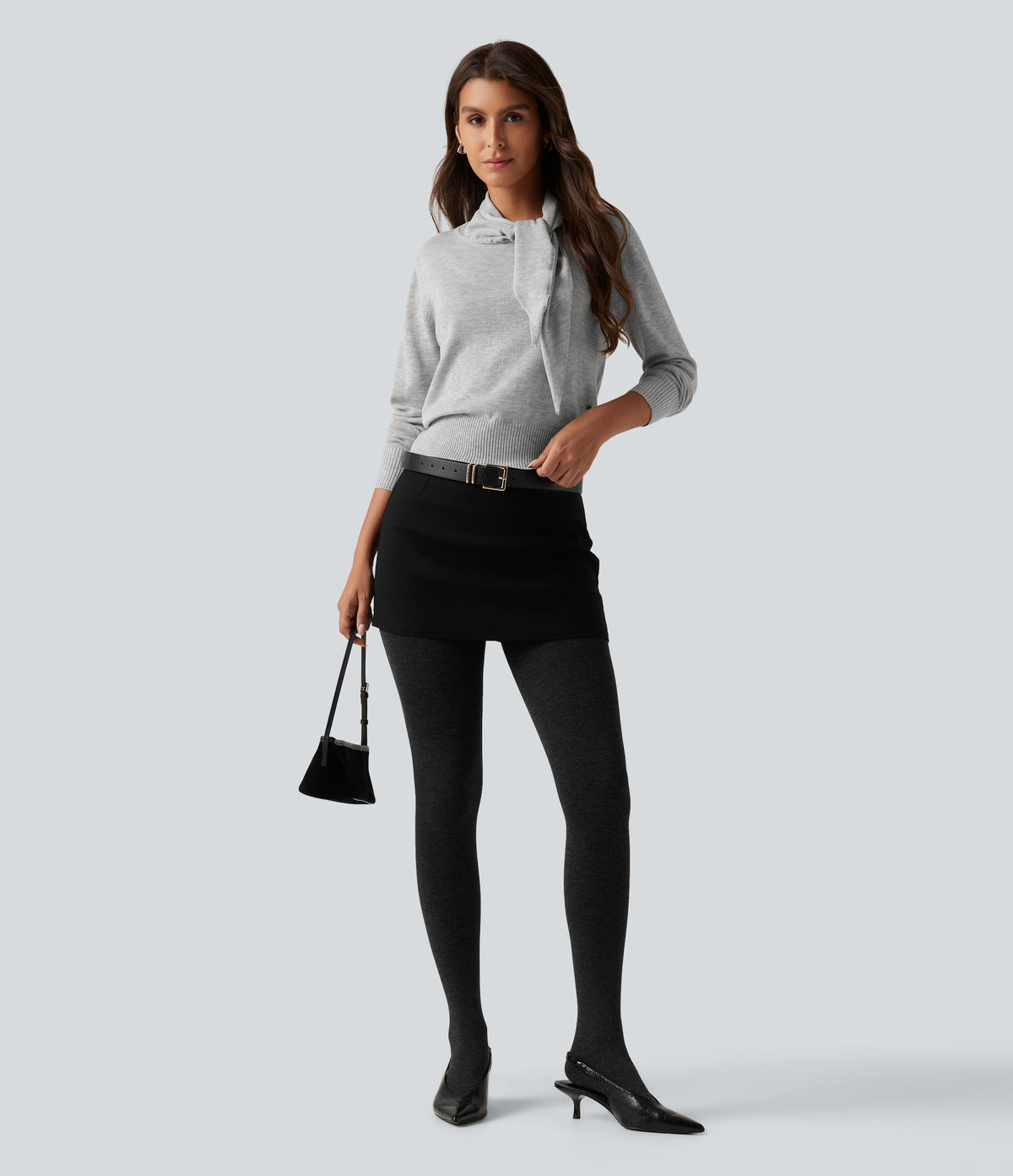 Scarf Tie Long Sleeve Casual Jumper — Fog Gray — view 8