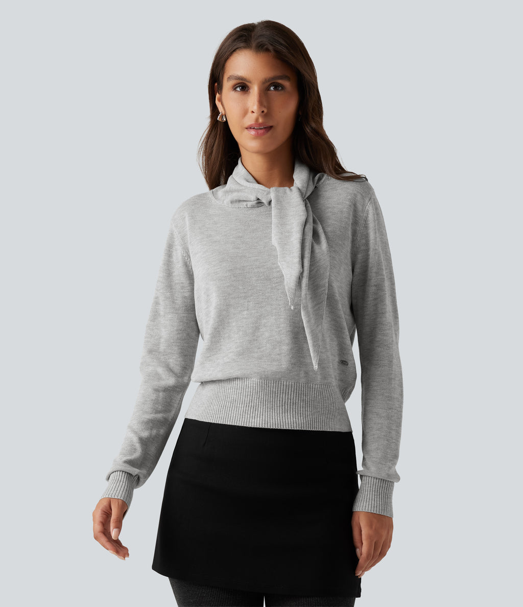 Scarf Tie Long Sleeve Casual Jumper — Fog Gray — view 1
