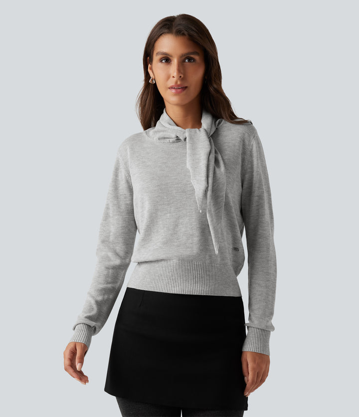 Scarf Tie Long Sleeve Casual Jumper — Fog Gray — view 1