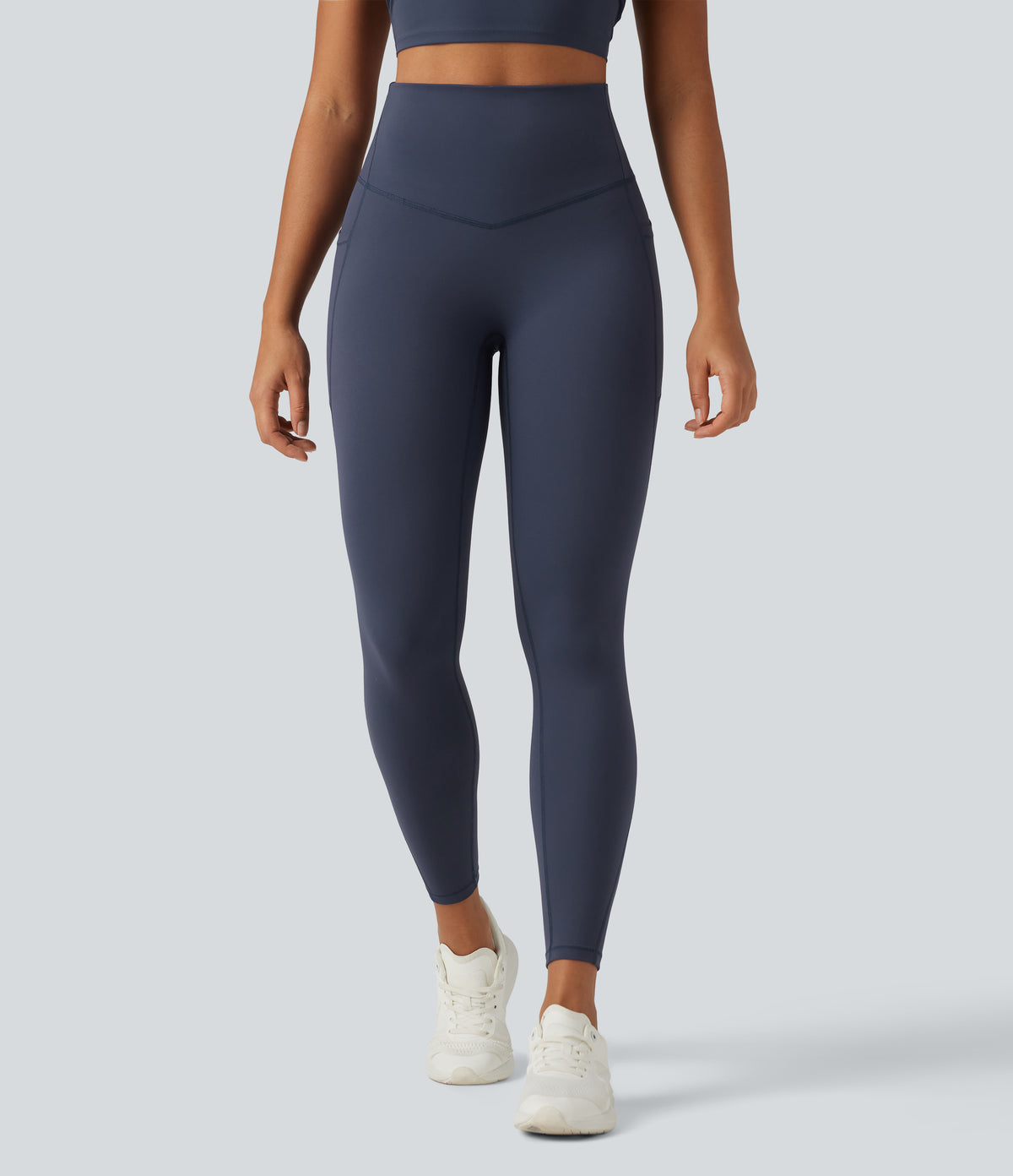 High Waisted Tummy Control Skinny Workout Leggings with Pockets — Mood Indigo — view 2