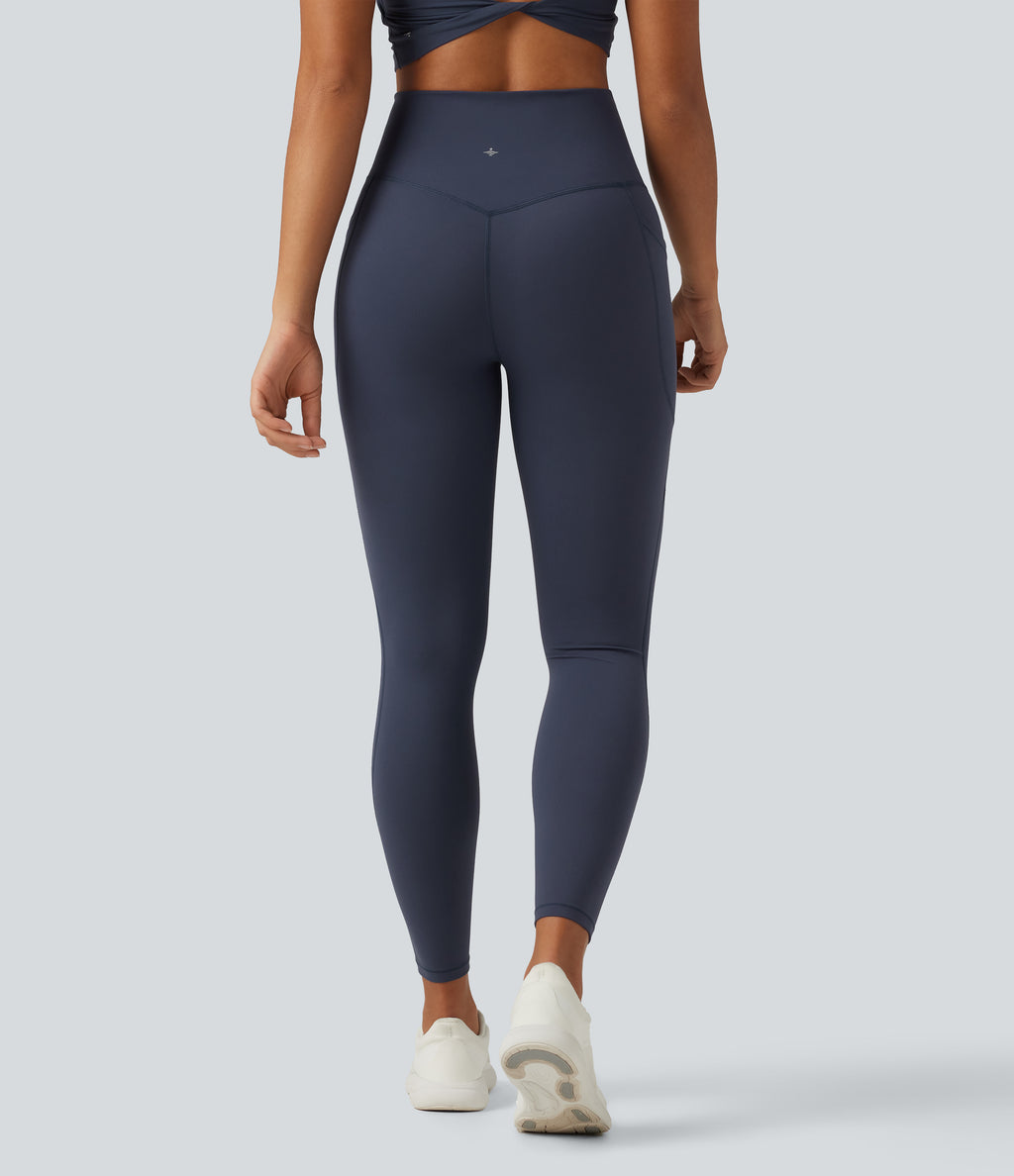 High Waisted Tummy Control Skinny Workout Leggings with Pockets — Mood Indigo — view 3