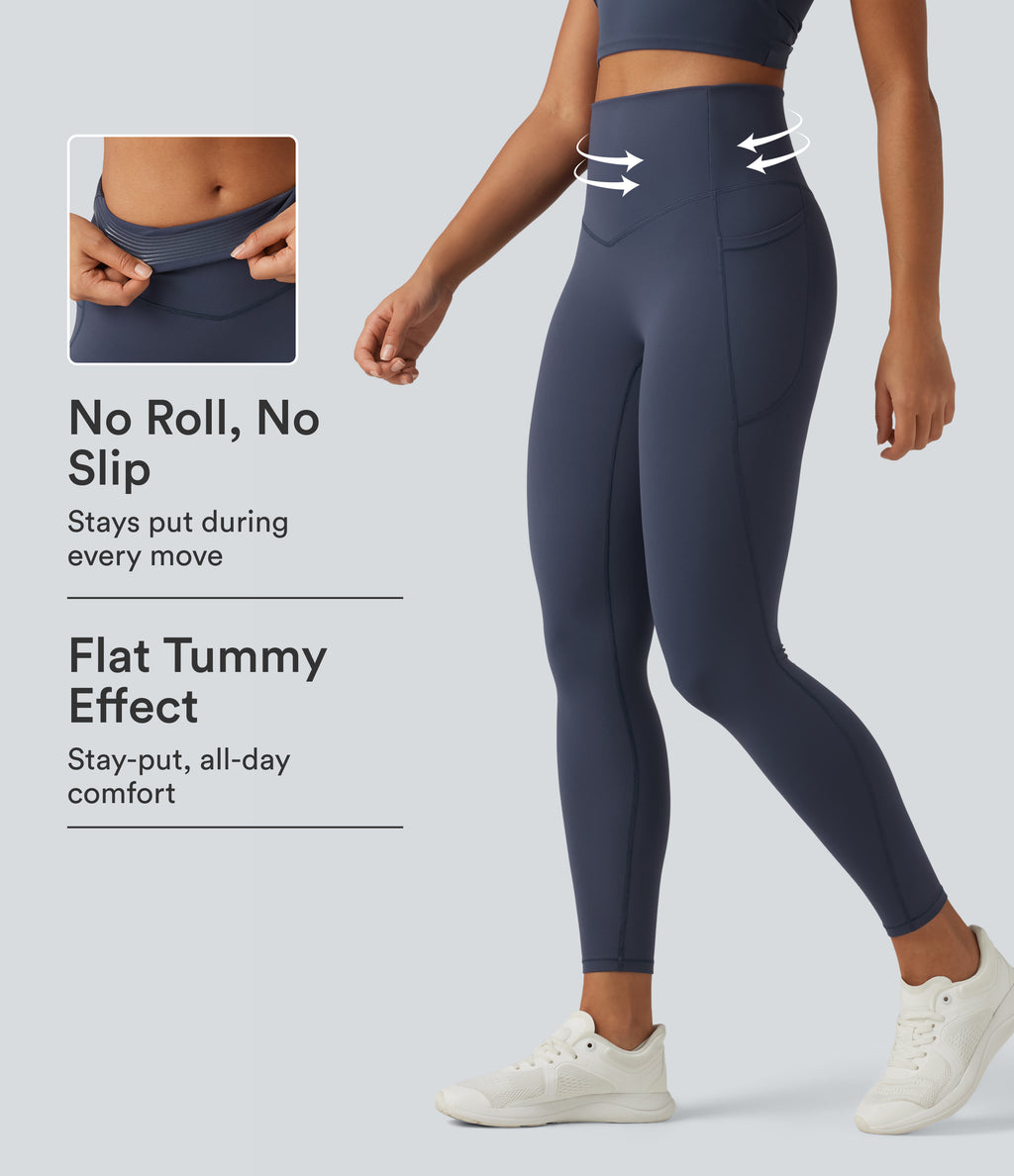 High Waisted Tummy Control Skinny Workout Leggings with Pockets — Mood Indigo — view 1