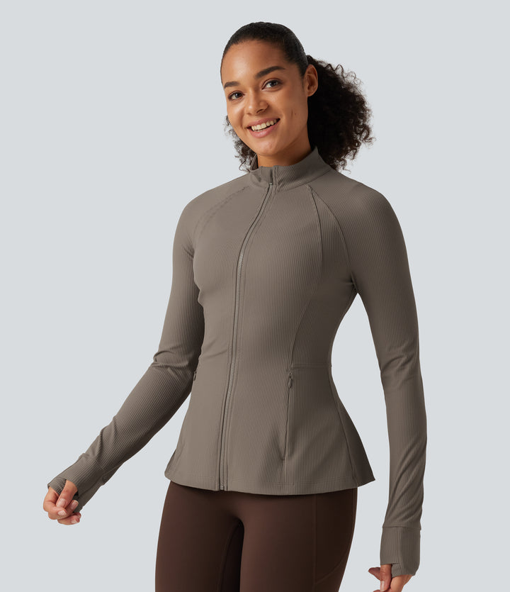 Ribbed Knit Stand Collar Long Sleeve Thumb Hole Yoga Jacket with Pockets — Dawn Brown — view 1