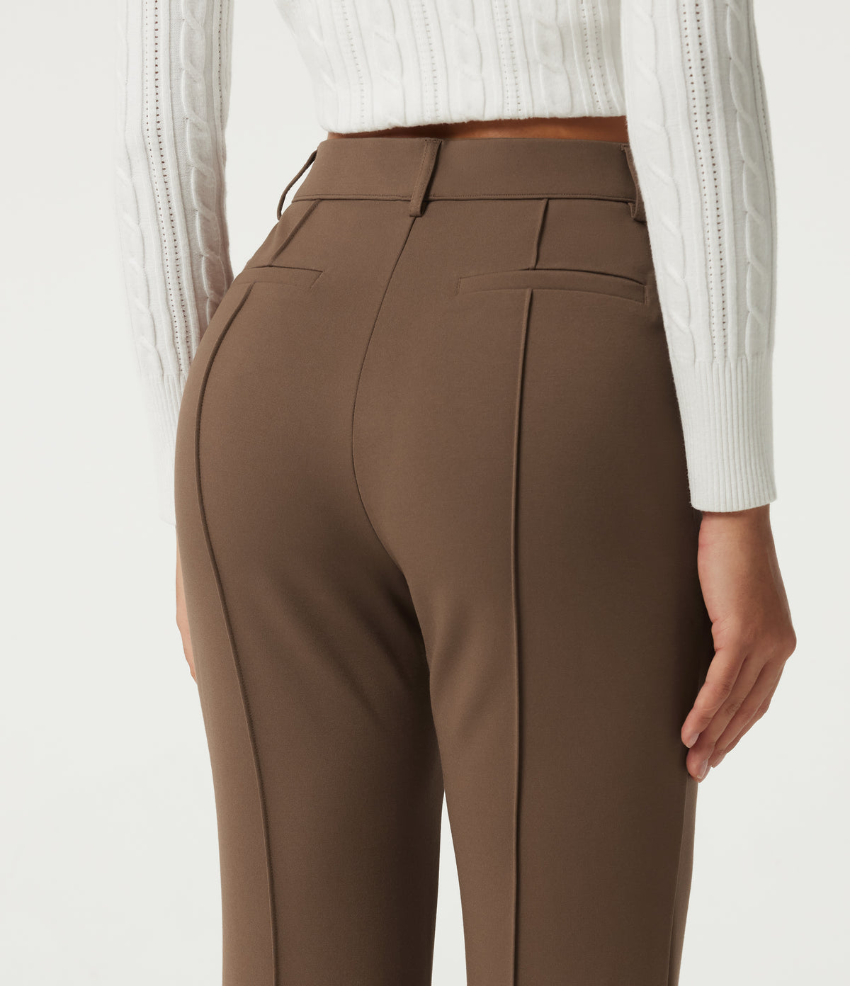 High Waisted Pintuck Flare Work Trousers with Pockets — Cocoa Brown — view 5