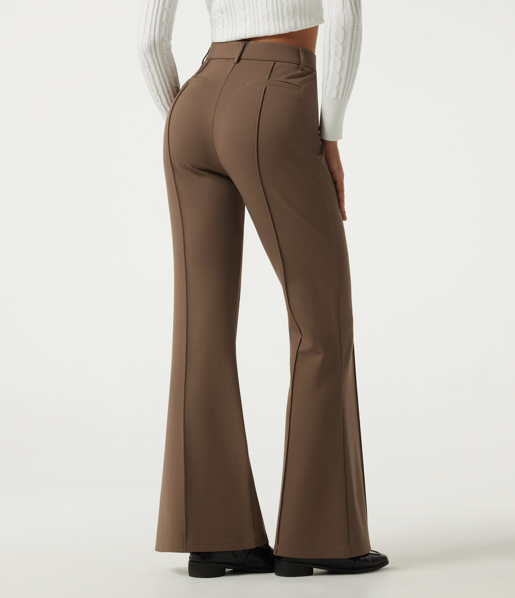 High Waisted Pintuck Flare Work Trousers with Pockets — Cocoa Brown — view 2