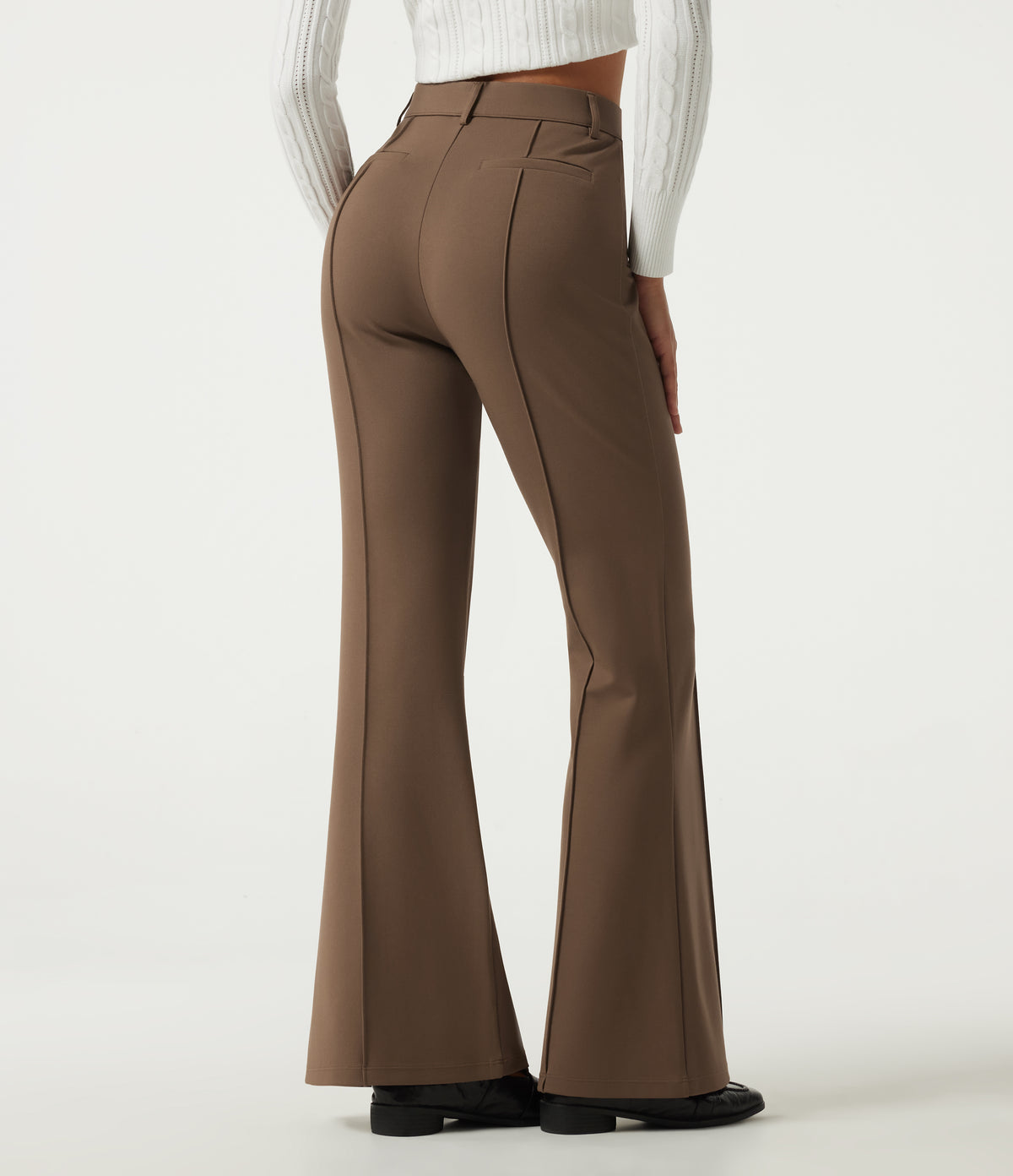 High Waisted Pintuck Flare Work Trousers with Pockets — Cocoa Brown — view 2