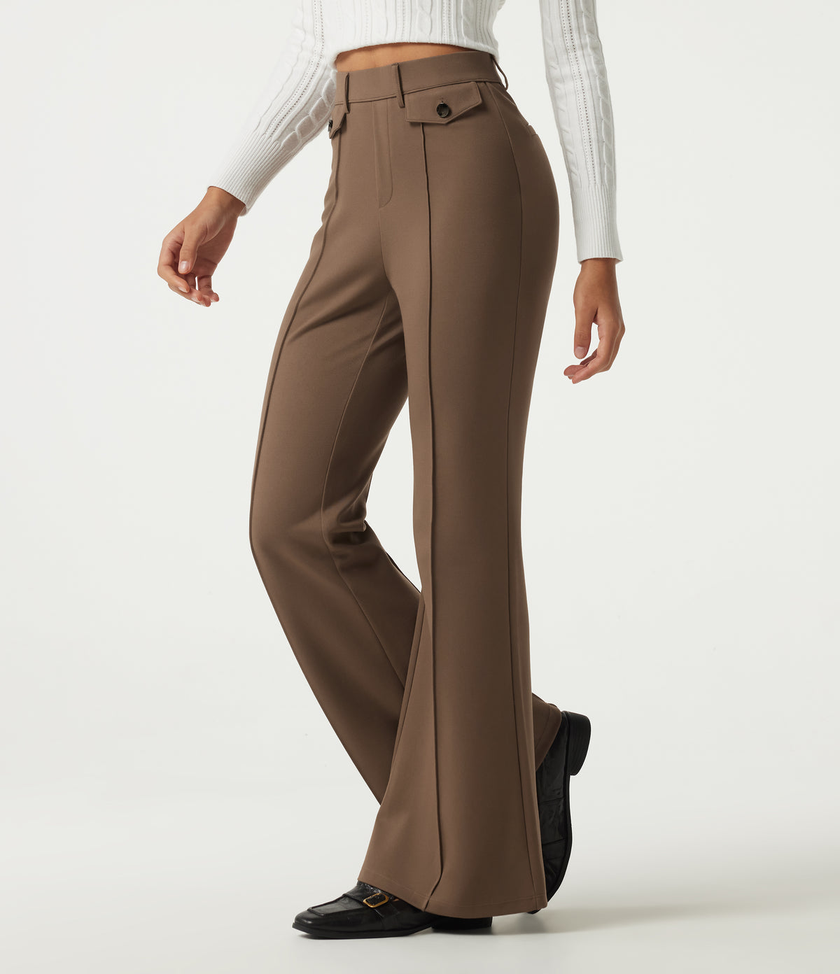 High Waisted Pintuck Flare Work Trousers with Pockets — Cocoa Brown — view 3