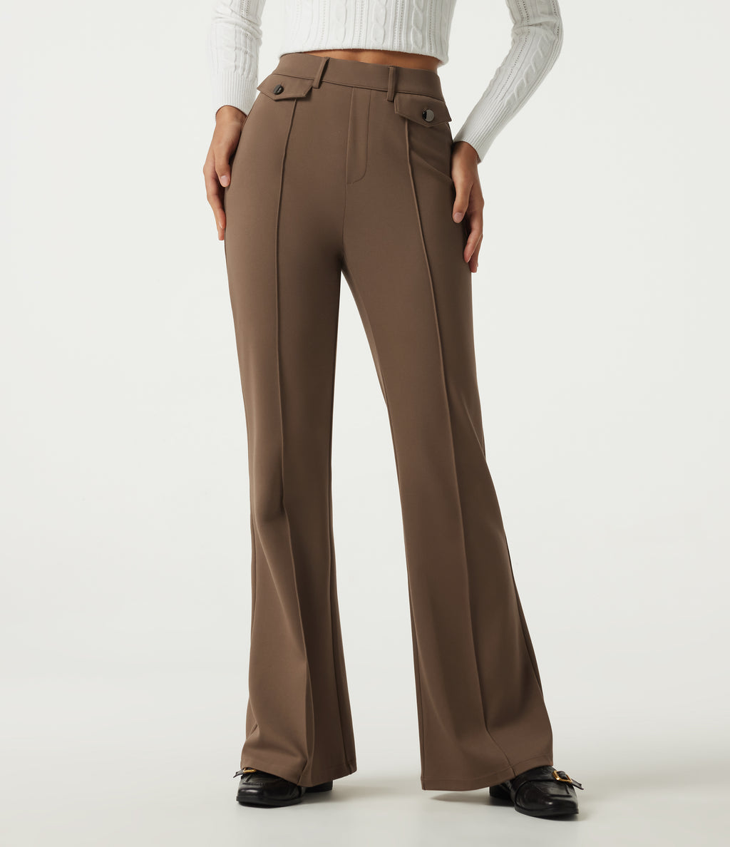 High Waisted Pintuck Flare Work Trousers with Pockets — Cocoa Brown — view 1