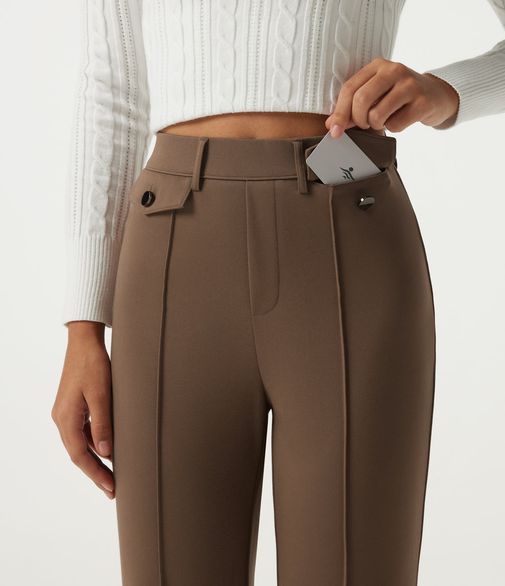 High Waisted Pintuck Flare Work Trousers with Pockets — Cocoa Brown — view 4