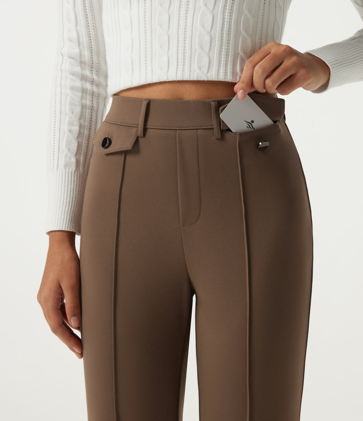 High Waisted Pintuck Flare Work Trousers with Pockets — Cocoa Brown — view 4