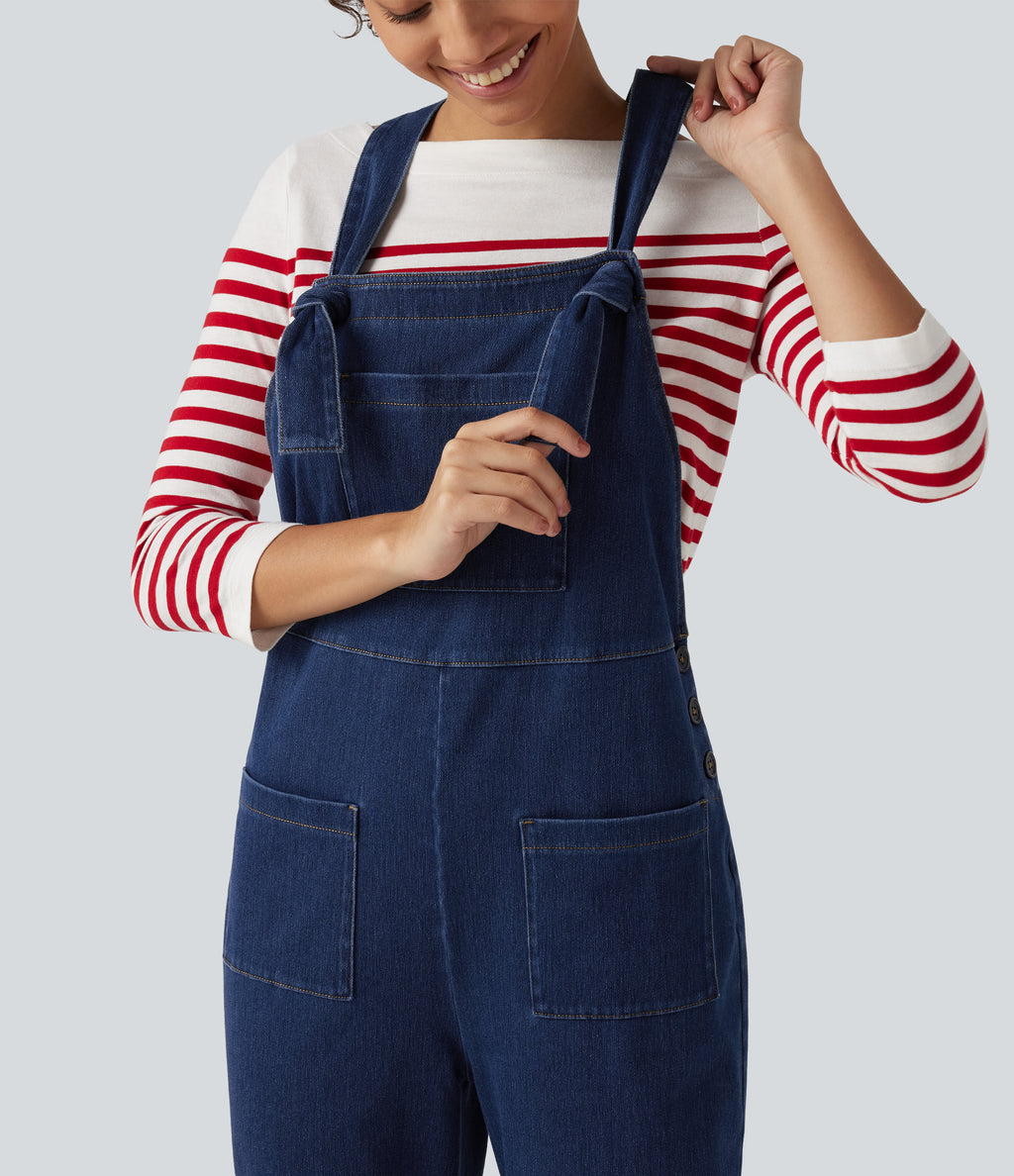Denim Square Neck Sleeveless Tapered Casual Jumpsuit with Pockets — Estate Blue Denim — view 8