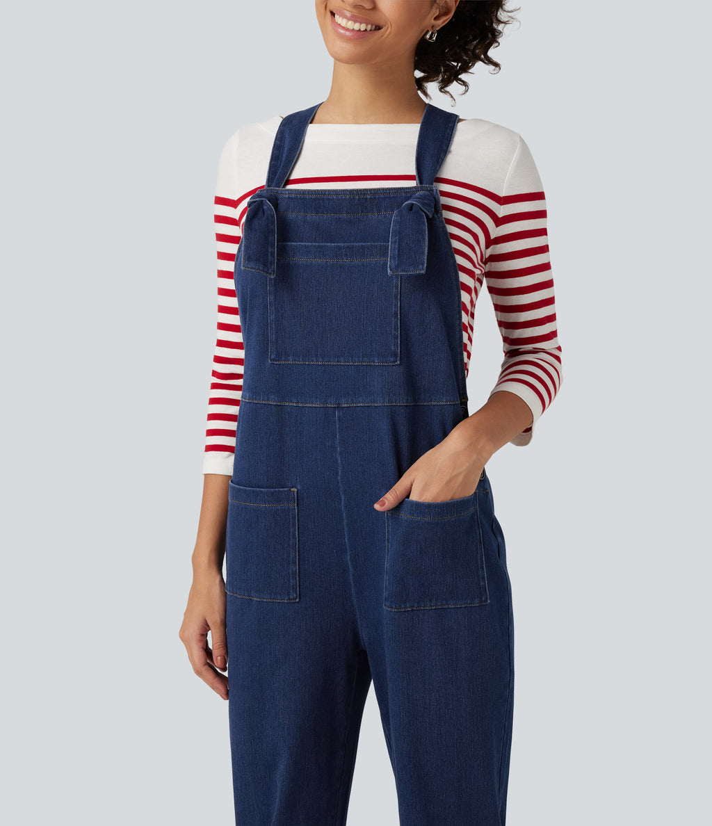 Denim Square Neck Sleeveless Tapered Casual Jumpsuit with Pockets — Estate Blue Denim — view 4