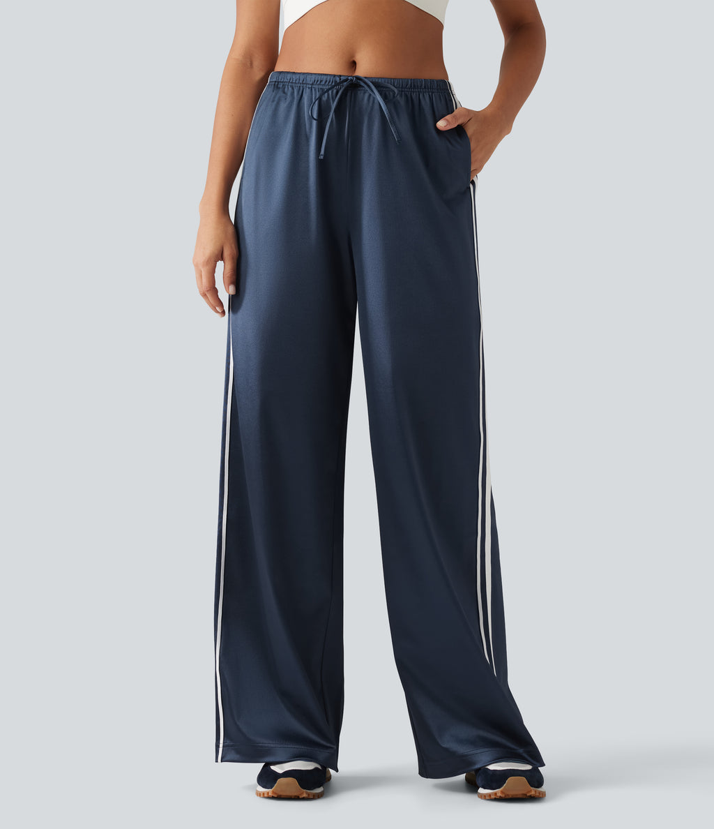 Mid Rise Drawstring Satin Side Stripes Wide Leg Casual Trousers with Pockets — Oceana — view 3