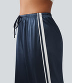 Mid Rise Drawstring Satin Side Stripes Wide Leg Casual Trousers with Pockets — Oceana — view 6