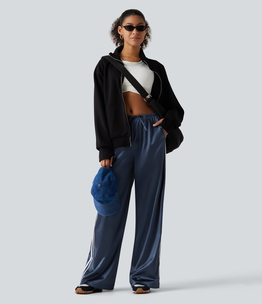 Mid Rise Drawstring Satin Side Stripes Wide Leg Casual Trousers with Pockets — Oceana — view 8