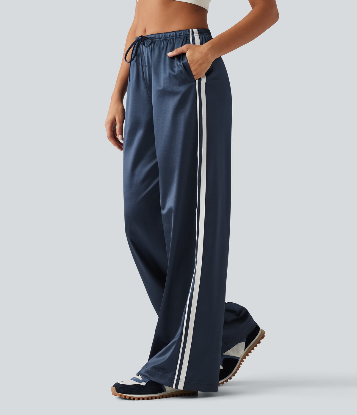 Mid Rise Drawstring Satin Side Stripes Wide Leg Casual Trousers with Pockets — Oceana — view 1