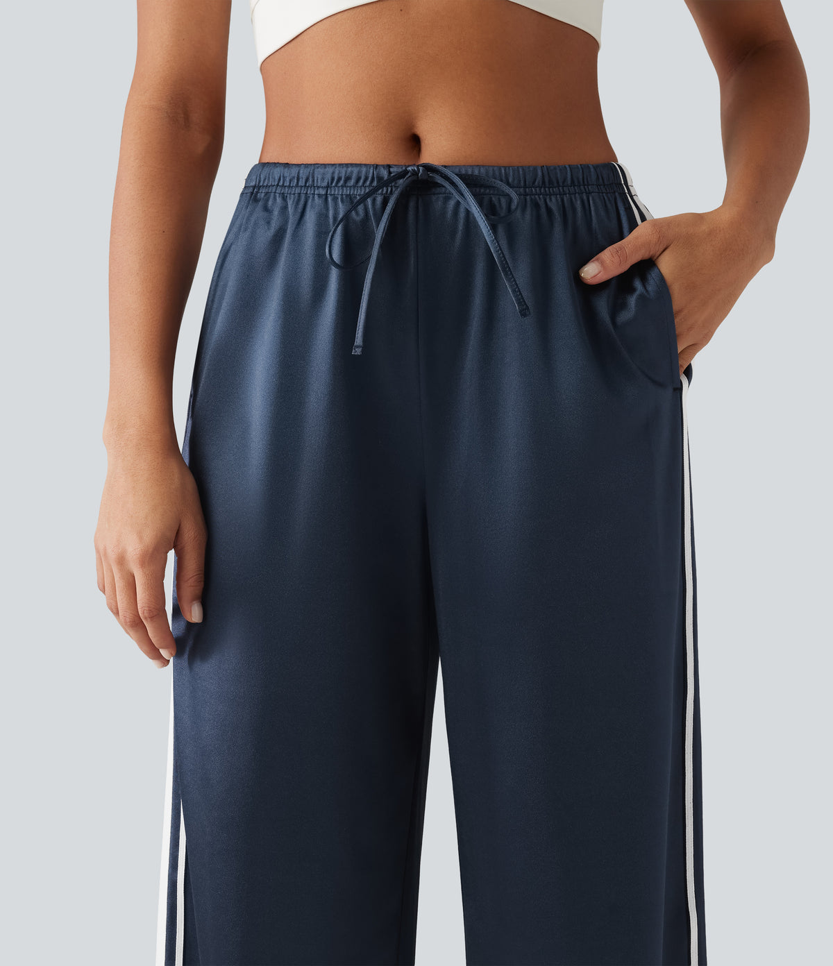Mid Rise Drawstring Satin Side Stripes Wide Leg Casual Trousers with Pockets — Oceana — view 4