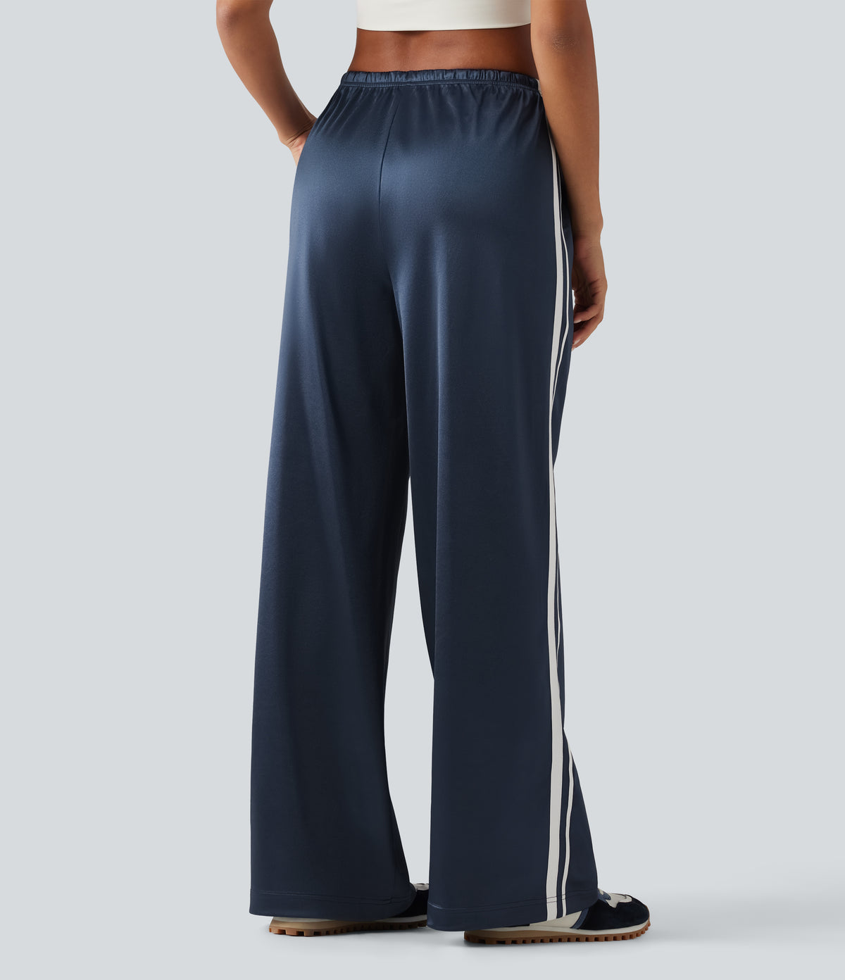 Mid Rise Drawstring Satin Side Stripes Wide Leg Casual Trousers with Pockets — Oceana — view 2