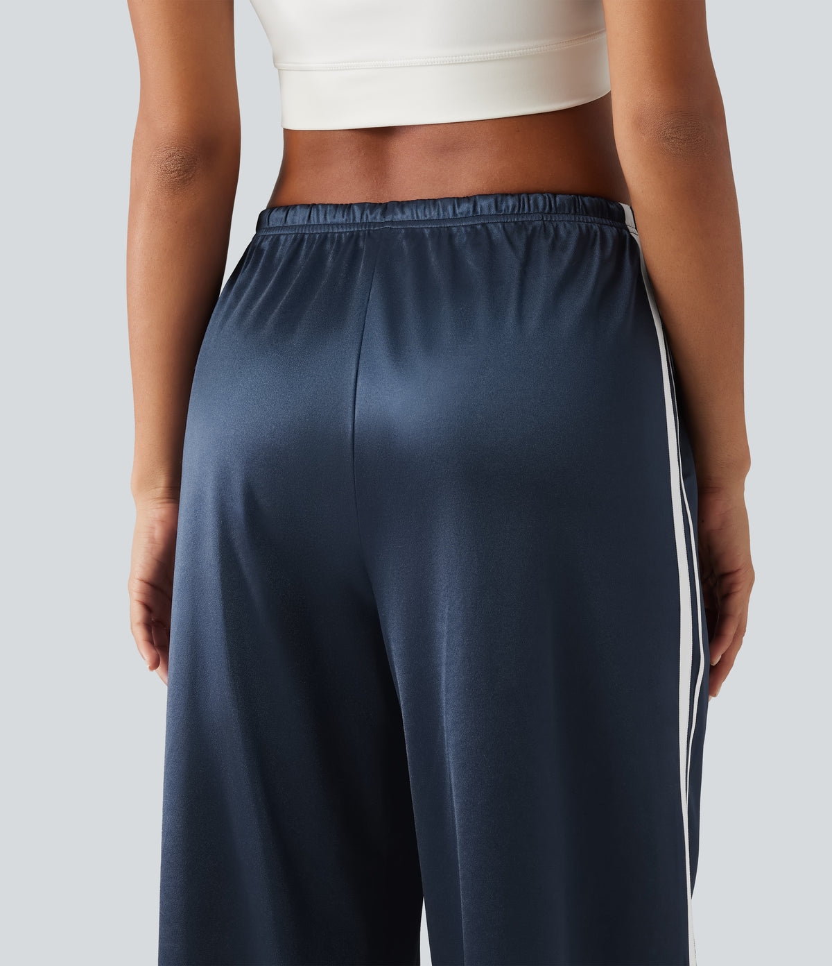 Mid Rise Drawstring Satin Side Stripes Wide Leg Casual Trousers with Pockets — Oceana — view 5