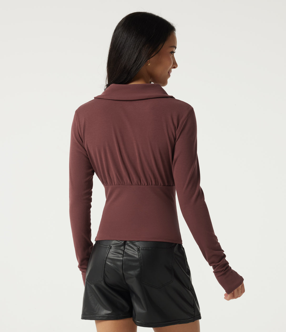 Cowl Neck Long Sleeve Casual Top with Thumbholes — Dark Chestnut — view 2
