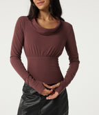 Cowl Neck Long Sleeve Casual Top with Thumbholes — Dark Chestnut — view 6