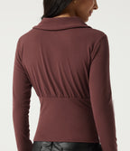 Cowl Neck Long Sleeve Casual Top with Thumbholes — Dark Chestnut — view 5
