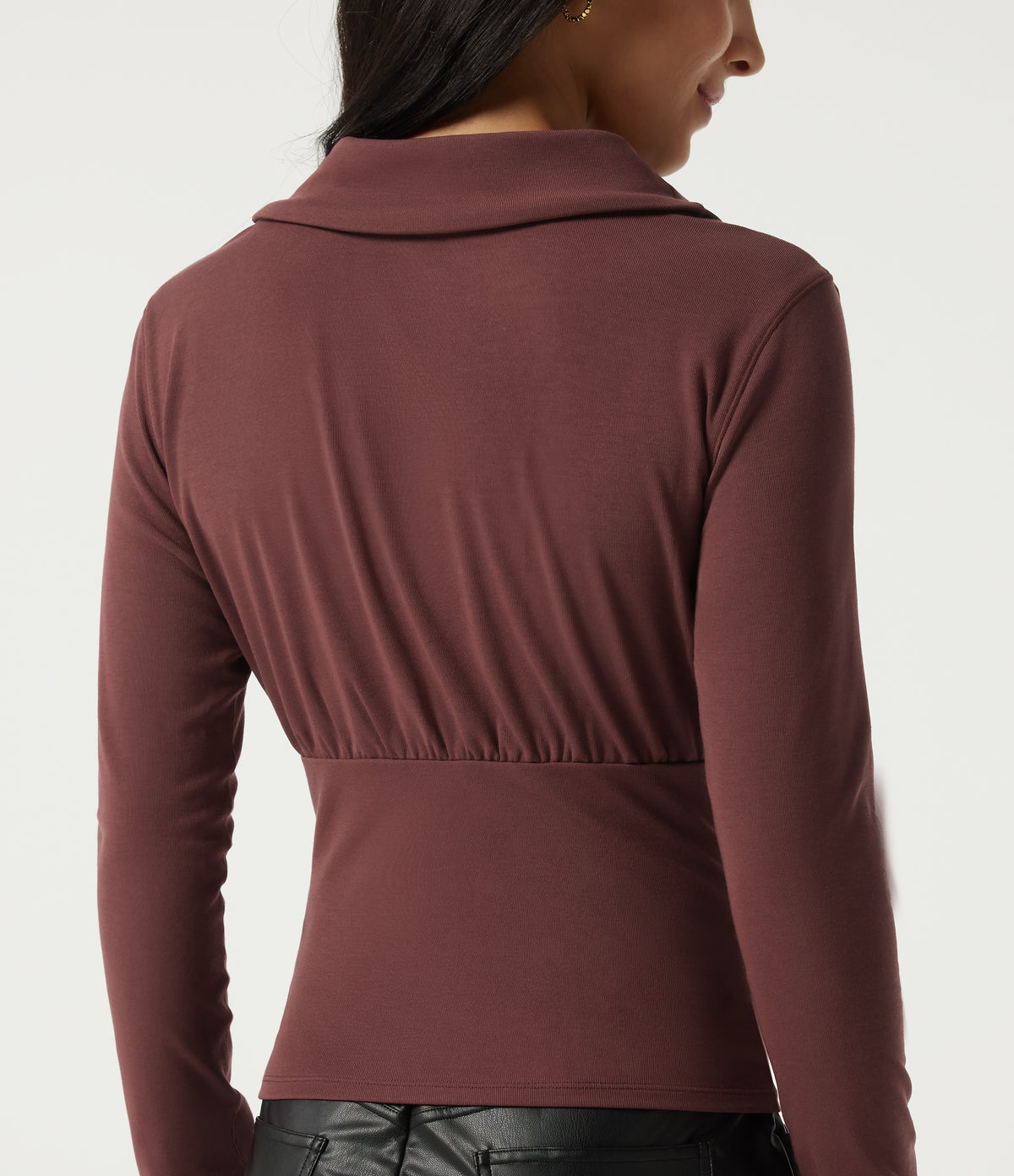 Cowl Neck Long Sleeve Casual Top with Thumbholes — Dark Chestnut — view 5