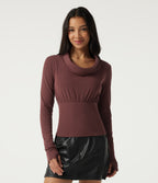 Cowl Neck Long Sleeve Casual Top with Thumbholes — Dark Chestnut — view 3