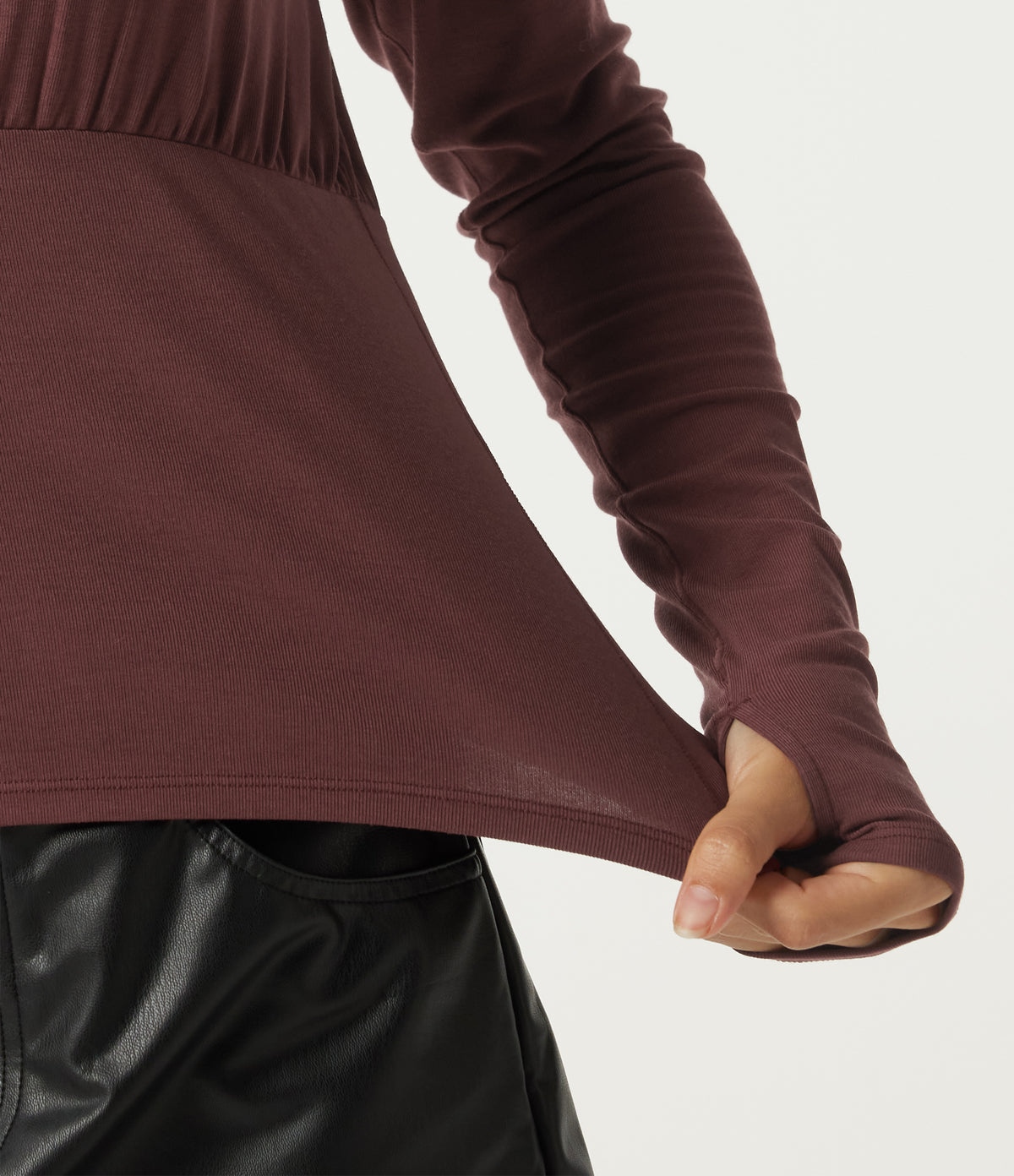 Cowl Neck Long Sleeve Casual Top with Thumbholes — Dark Chestnut — view 7