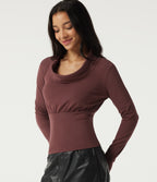 Cowl Neck Long Sleeve Casual Top with Thumbholes — Dark Chestnut — view 1