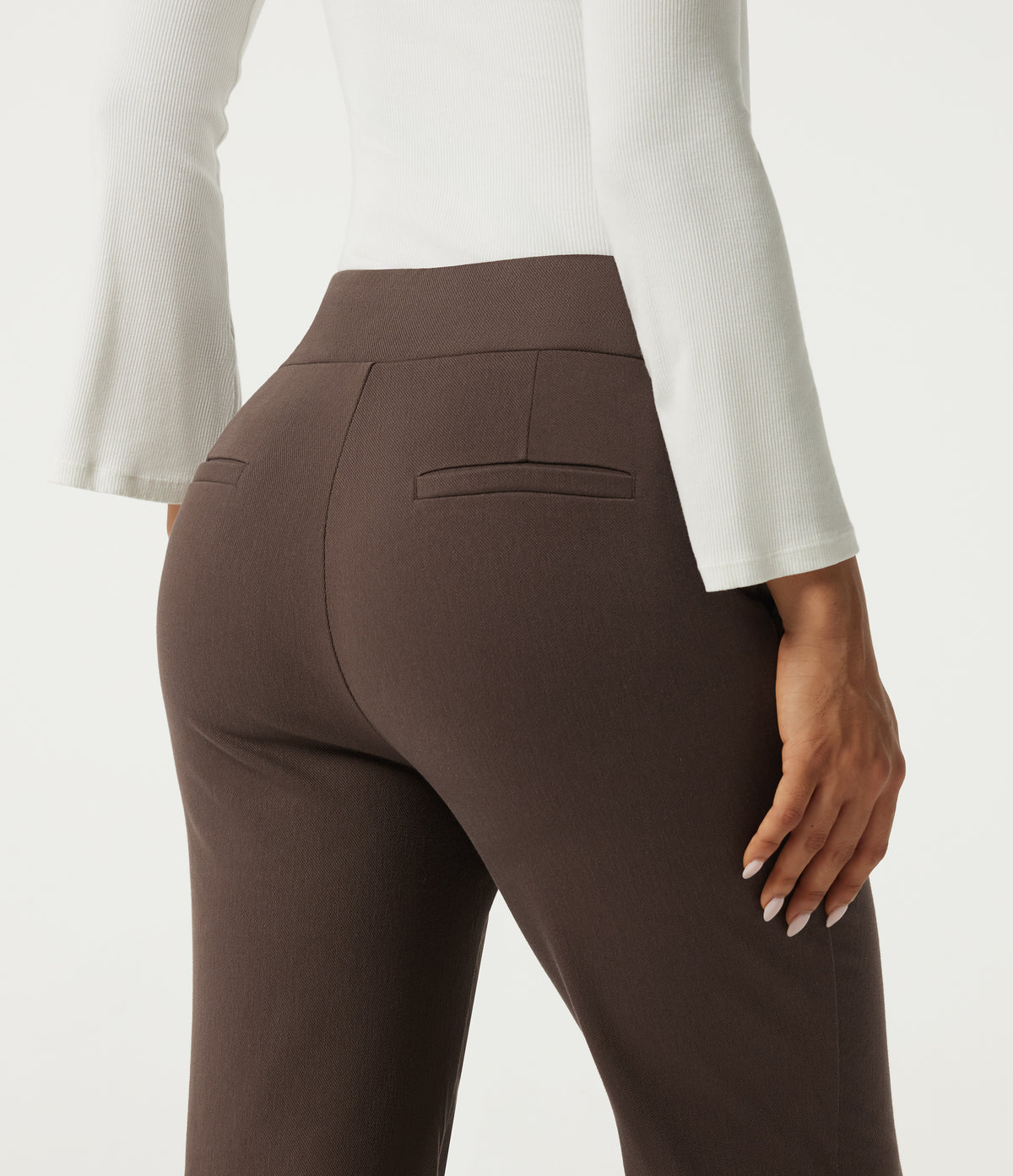 High Waisted Bootcut Work Cotton Trousers with Pockets — Chocolate Martini — view 5